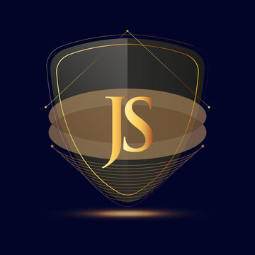 Initial logo letter JS with shield Icon golden color isolated on dark background, logotype design for company identity.