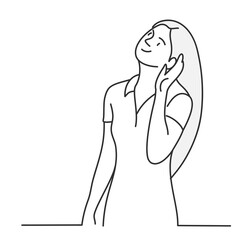 Woman with long hair hold hand near ear to hear better, eavesdropping and spying. Hand drawn vector illustration.