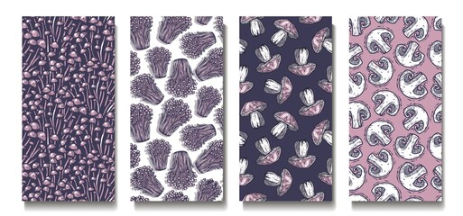 Trendy seamless mushrooms patterns. Set of fungi vegan food backgrounds. Endless texture with boletus and champignon for wallpaper