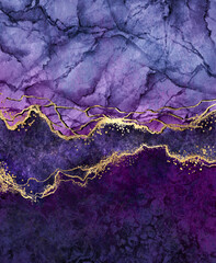 abstract background, digital marbling illustration, violet blue purple marble with golden veins,...