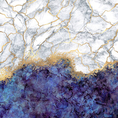 abstract background, digital marbling illustration, violet blue and white marble with golden veins,...