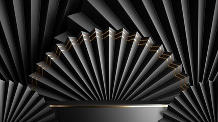 3d render, abstract background with black fans and empty stage. Modern showcase for product presentation