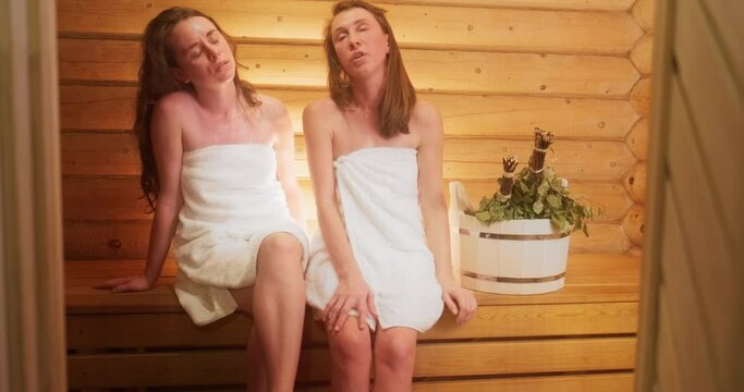 Women in sauna. Two young women relax in a hot wooden sauna