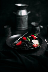 Black pasta with tomatoes and parmesan in a black plate