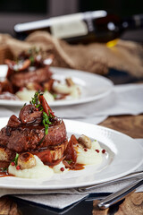 Gourmet appetizer: Beautifully decorated catering banquet foie gras with berries