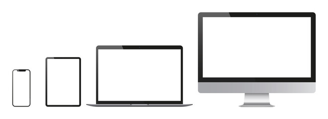 Devices mockup set. Realistic set of monitor, laptop, tblet, smartphone. Vector illustration.