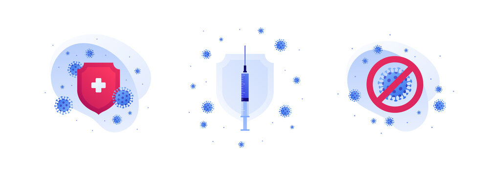 Vaccinacion And Coronavirus Virus Protection Concept. Vector Flat Illustration Set. Vaccine Shot In Syringe. Red Shield With White Cross Safety Symbol. Covid19 Symbol. Circle With Cross Line.