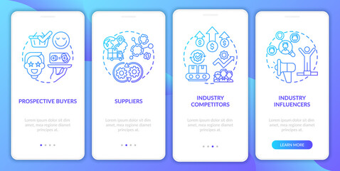 Collaborative creation sharers onboarding mobile app page screen with concepts. Industry influencers, rivals walkthrough 4 steps graphic instructions. UI vector template with RGB color illustrations