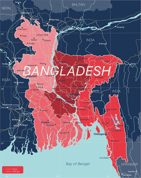Bangladesh country detailed editable map with regions cities and towns, roads and railways, geographic sites. Vector EPS-10 file