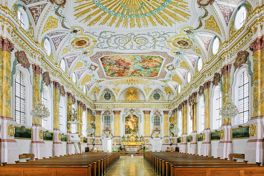 Interior of Burgersaal Church (Burgersaalkirche) in Munich, Germany. The Burgersaal was built in 1709-1710 by Giovanni Antonio Viscardi as a prayer and assembly hall. Since 1778 it is used as a church