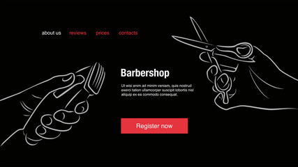 Hand holds a professional hair clipper. Hand holds professional scissors for haircuts. Drawing for barber shops. Hairdresser poster. Banner template for posts, story or page for the website