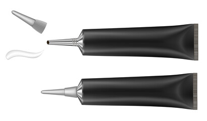 Set of 2 black tubes with long nozzle. Cream splash. Serum or ointment. Gel. Vector illustration. 3d mockup