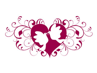herz, floral, liebe, valentin, taube, lilarot, retro, silhouette, ehe, ring, verlobung, heirat, verliebt, hochzeit, jahrestag, kulisse, vogel, wirbel, swirl, freundschaft, bindung, paty, feier