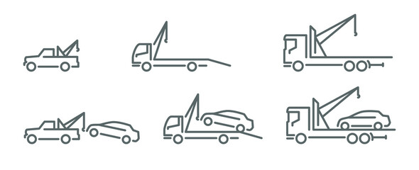 Icons set, line silhouette of wrecker truck with broken car, tow car outline © deonissio123