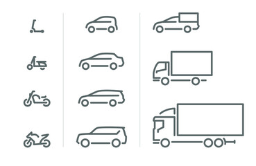 Set of transport icons, line silhouette, motorcycles, passenger cars, delivery transport 
