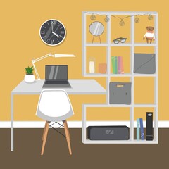 Trendy illustration grey and yellow interior design. Home workplace. Computer and home plant on the table.