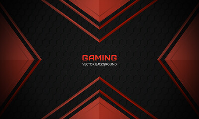 Abstract black and red arrow gaming background. Dark abstract banner with hexagon carbon fiber grid and red arrows. Futuristic luxury modern sporty game background.