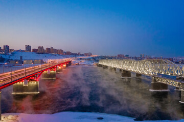 Twilight cityscape, view of the bridge