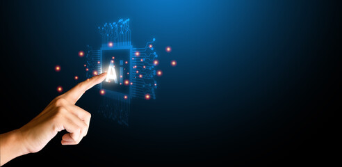 Finger touching on artificial intelligence (Ai) with circuit board on blue background. Connection of technology and innovation, machine learning. Technology and science concept.