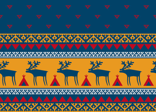 .Reindeers and Saami patterns geometric seamless texture. Lapland nature illustration.Vector design. .