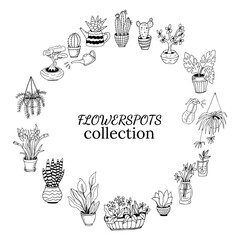 Set of hand drawn house plants in pots. Big set cute of hand drawn house plants in pots including cactus, dracena, aloe and others, and garden tools. Vector collection of doodle plants.