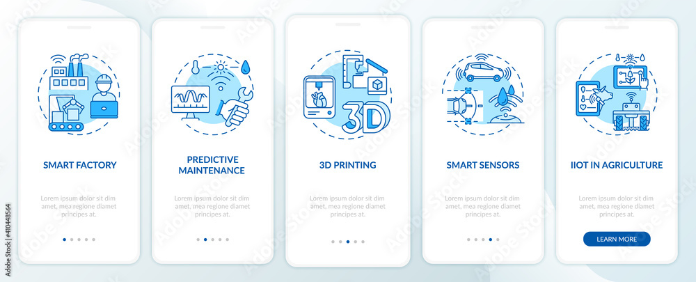 Wall mural industry 4.0 tendency onboarding mobile app page screen with concepts. smart farming, 3d printing, s