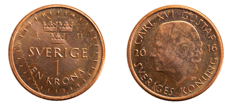 one swedish krona coin isolated on white background