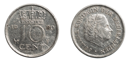 ten dutch cents coin isolated on white background