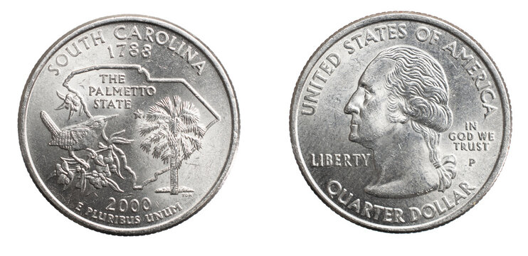 quarter of a US dollar coin isolated on white background