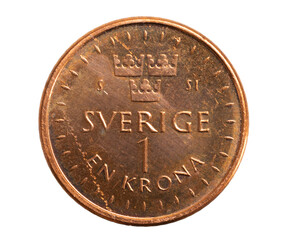 one swedish krona coin isolated on white background