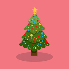 christmas tree flat with ornaments of lights and stars. vector illustration