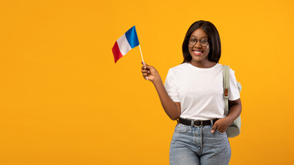 Positive black woman student with backpack holding french flag
