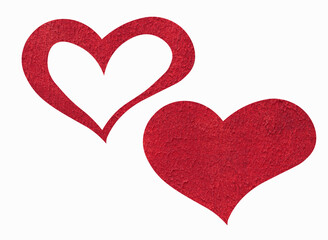 Set of hearts painted with red paint rough texture, plaster, walls, isolated on white background, design element.
