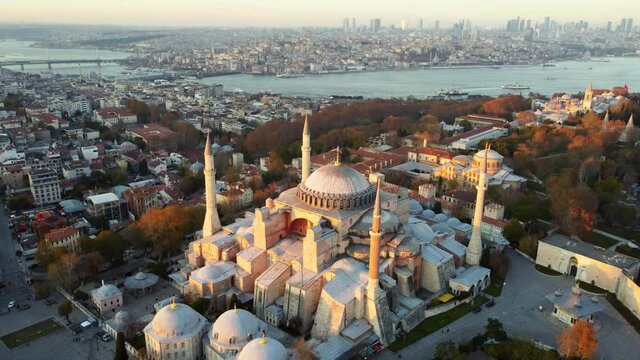 Aerial view of Hagia Sophia mosque and view of Istanbul in day