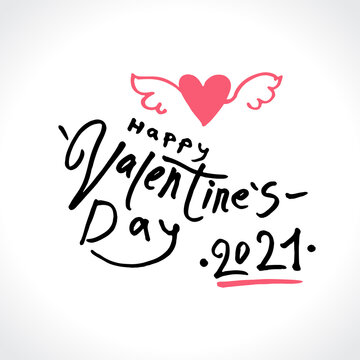 Handwritten felt pen vector logo Happy Valentine's Day. Drawn heart crown and arrow of cupid and inscription. Vector template. Cute card