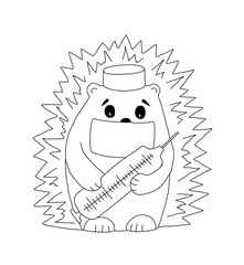 The outline of the hedgehog doctor in a medical cap  with syringe in the paws