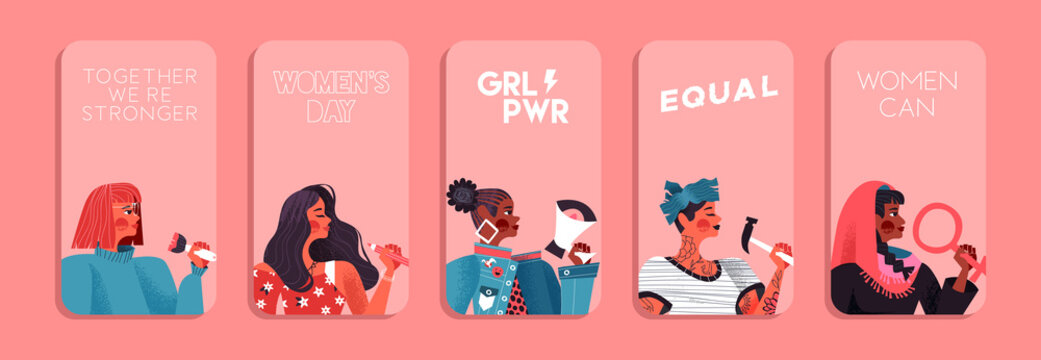 Happy Women's Day diverse woman card cartoon set