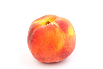 Summer fruit background. Ripe juicy peaches on white background. Copy space. Fresh organic fruit vegan food. Harvest concept