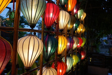 Night view of Colourful Cloth Lanterns Lamp Light Shades hanging outside in Ho Chi Minh, Vietnam - ベトナム ホーチミン カラフルなランタンと夜景