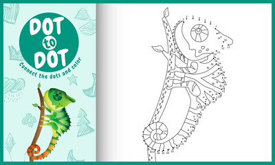 Connect the dots kids game and coloring page with a cute chameleon character illustration