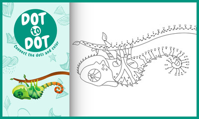 Connect the dots kids game and coloring page with a cute chameleon character illustration