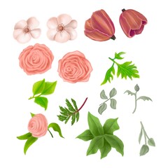 Beautiful flowers, watercolor whimsical buds. Purple, cream and white peonies, pink roses, leaves and branches isolated on white