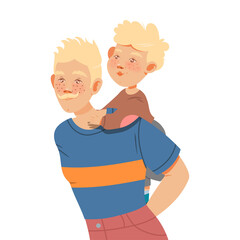 Blond Moustached Father Carrying Little Son on His Back Vector Illustration