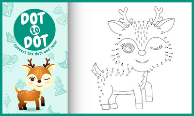 Connect the dots kids game and coloring page with a cute deer character illustration