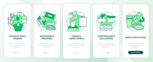 Compostable packaging onboarding mobile app page screen with concepts. Coffee filters, towels, pizza boxes walkthrough 5 steps graphic instructions. UI vector template with RGB color illustrations