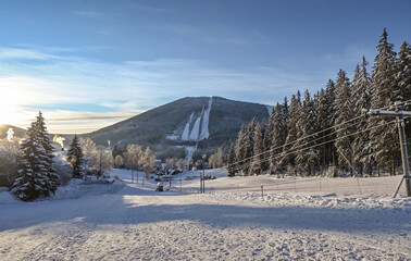 Empty ski slopes in winter season.