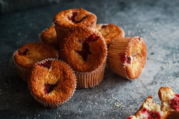 Delicious muffins with raspberries. Muffins on the table