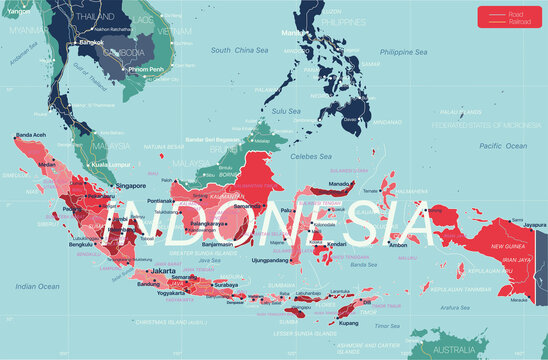 Indonesia country detailed editable map with regions cities and towns, roads and railways, geographic sites. Vector EPS-10 file