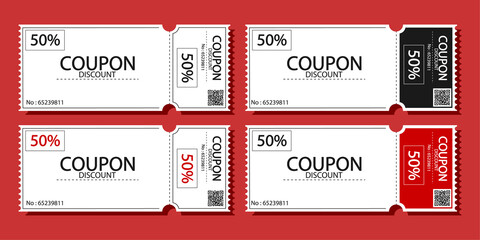 Coupon Card element template for graphics design.Discount coupon ,gift vouchers or certificates,ticket card of promotion sale for website,social media. Set isolated on red background, vector - obrazy, fototapety, plakaty