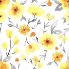 Yellow watercolor flowers with grey leaves on white. Transparent watercolor flowers backdrop